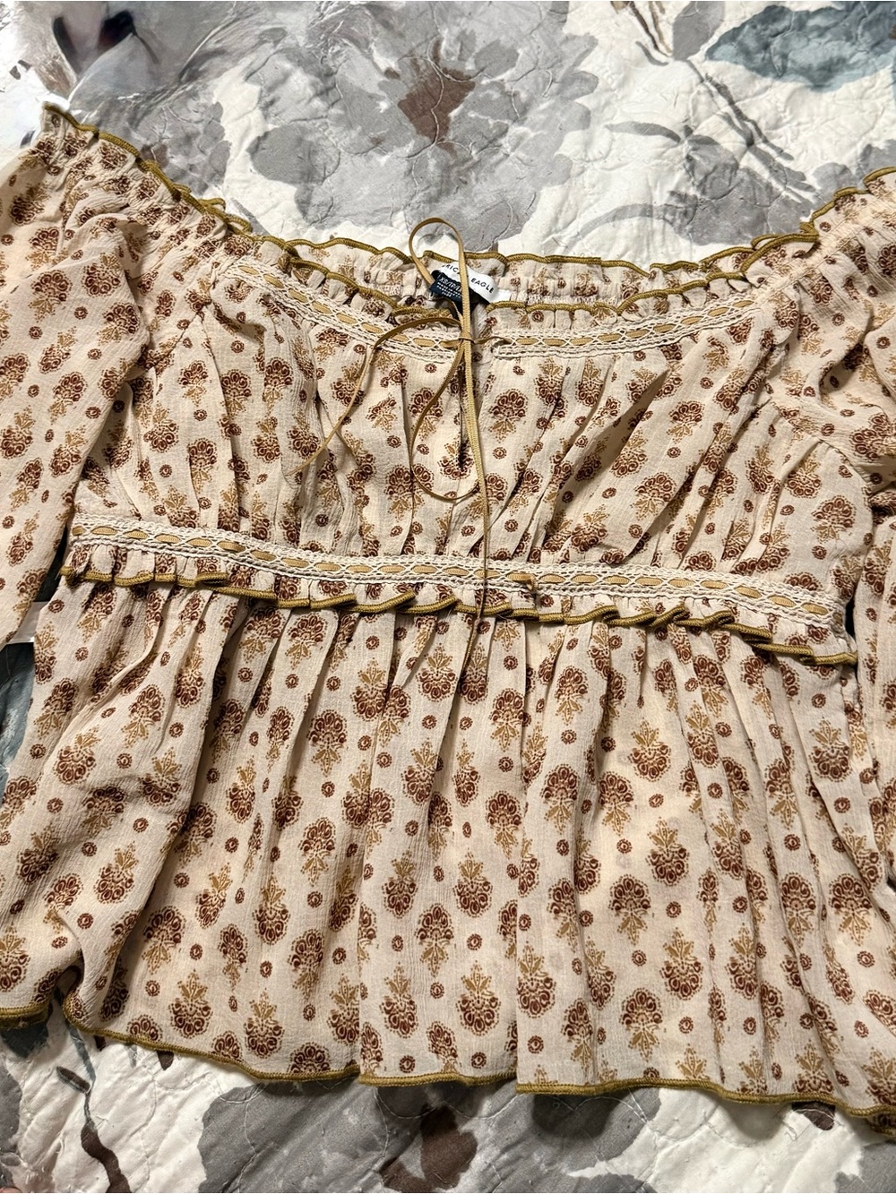 American Eagle Outfitters Beige Boho Smocked Peasant Blouse